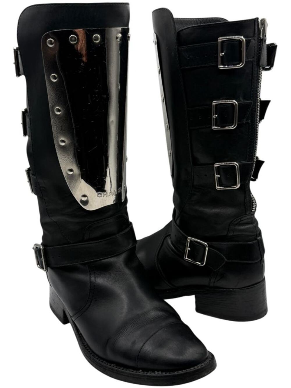 Chanel Black Leather Moto Boots with Silver Armor Plate – Size 40.5